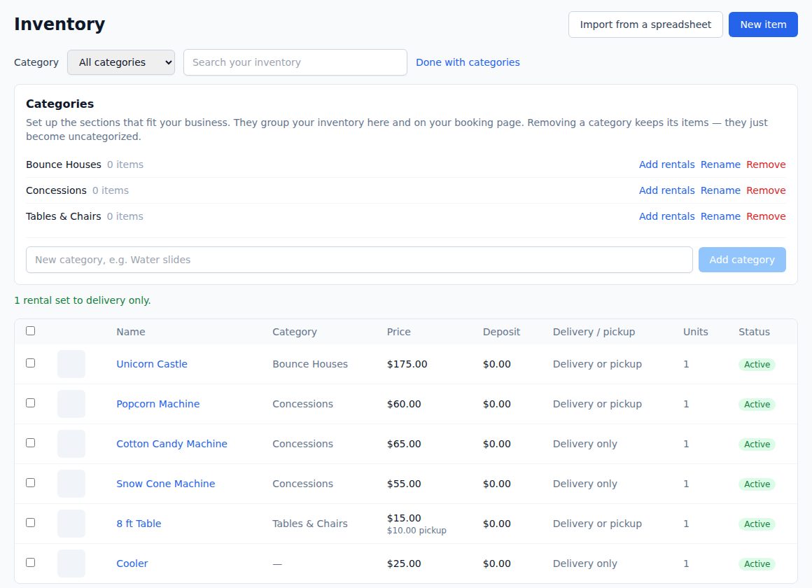 InflateIQ inventory with search, categories and bulk changes